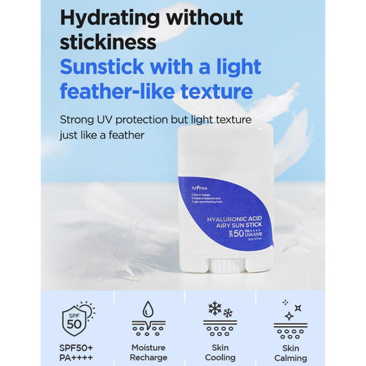 ISNTREE Hyaluronic Acid Airy Sun Stick SPF50+ PA++++ - Federleichter, Feuchtigkeitsspendender Sonnenschutz für Unterwegs, Ideal für Empfindliche Haut, 8 Arten von Hyaluronsäure, 22g, 1x Sonnenstick - DaniChou-Store