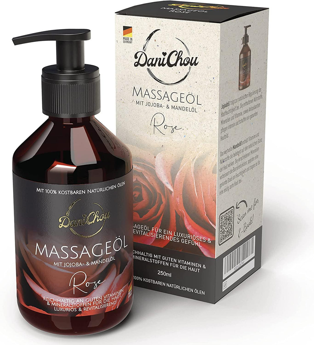Massageöl Rose, 250ml mit Jojobaöl & Mandelöl, 100 % Naturkosmetik - DaniChou-Store